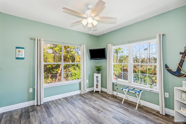 unfurnished room with plenty of natural light, ceiling fan, and light wood-type flooring