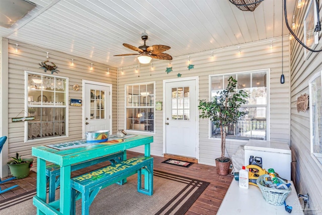 sunroom / solarium featuring ceiling fan and wooden ceiling