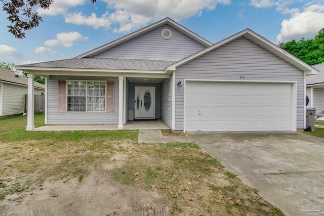 ranch-style home with concrete driveway, a shingled roof, a porch, a front lawn, and a garage