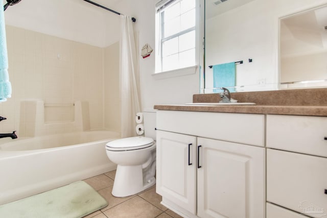 bathroom with vanity, shower / bath combination with curtain, toilet, visible vents, and tile patterned flooring