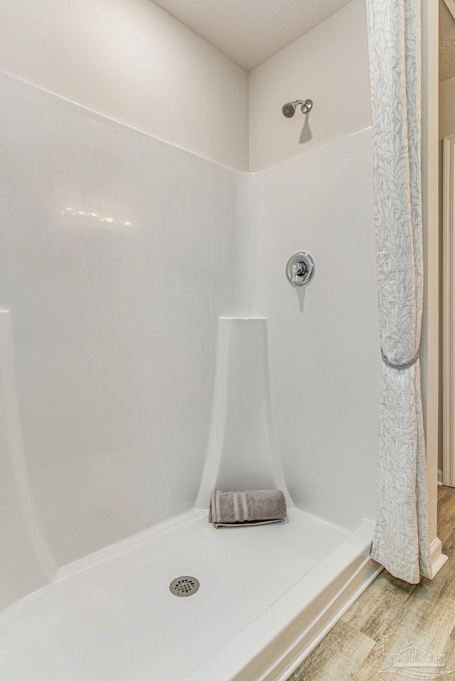 bathroom with wood-type flooring and a shower with shower curtain