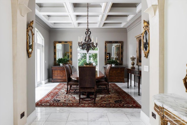 dining space with beamed ceiling, a chandelier, and coffered ceiling