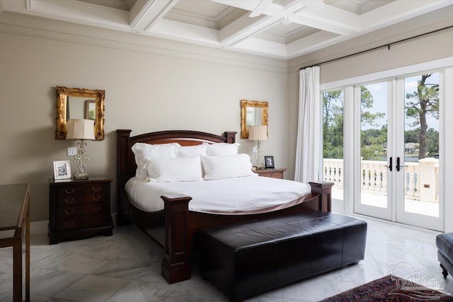 bedroom with access to exterior, french doors, coffered ceiling, beamed ceiling, and crown molding