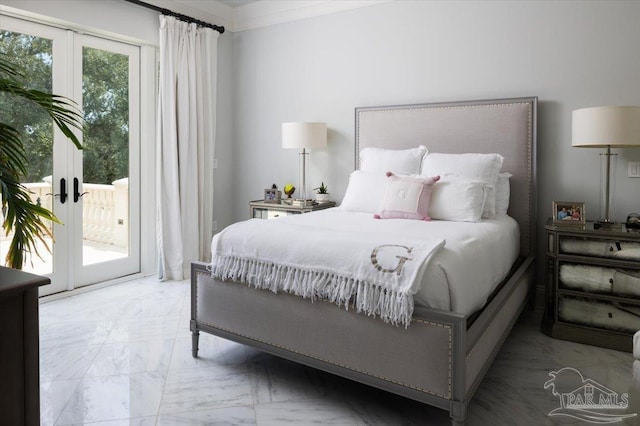 bedroom with french doors, access to outside, and ornamental molding