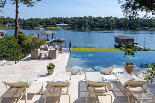 view of patio / terrace featuring a water view and a pool