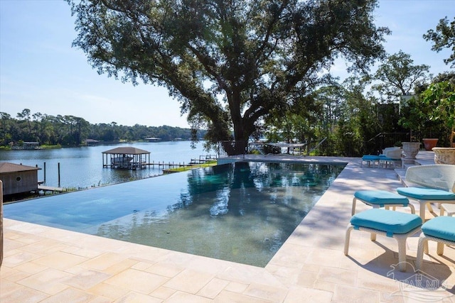 view of pool with a boat dock, a water view, and a patio area