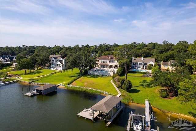 bird's eye view with a water view