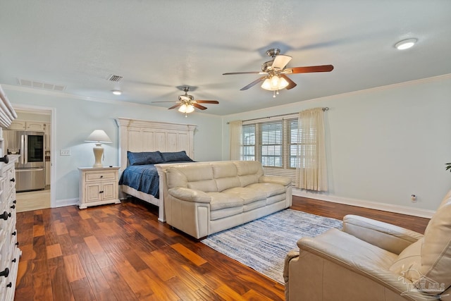 bedroom featuring ornamental molding, ceiling fan, dark hardwood / wood-style flooring, and stainless steel fridge with ice dispenser