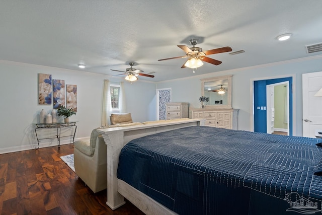 bedroom featuring crown molding, dark hardwood / wood-style floors, and ceiling fan