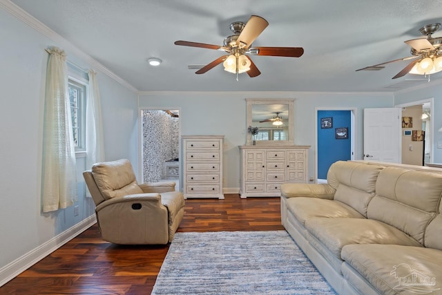 living room with crown molding and dark hardwood / wood-style floors