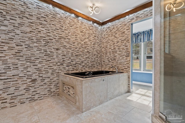 bathroom with independent shower and bath and tile patterned flooring