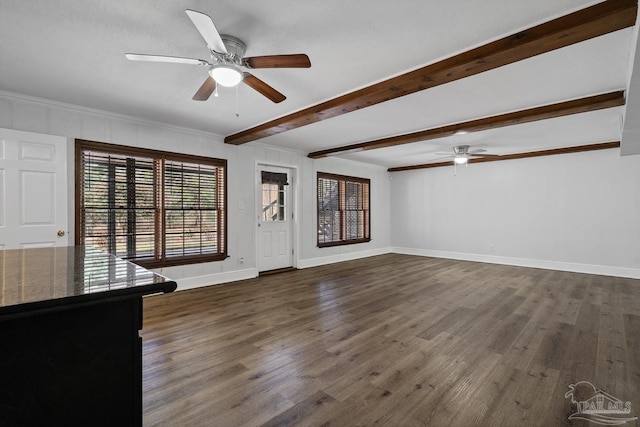 unfurnished living room with beamed ceiling, dark hardwood / wood-style floors, and ceiling fan