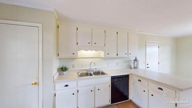 kitchen with white cabinetry, black dishwasher, sink, kitchen peninsula, and crown molding