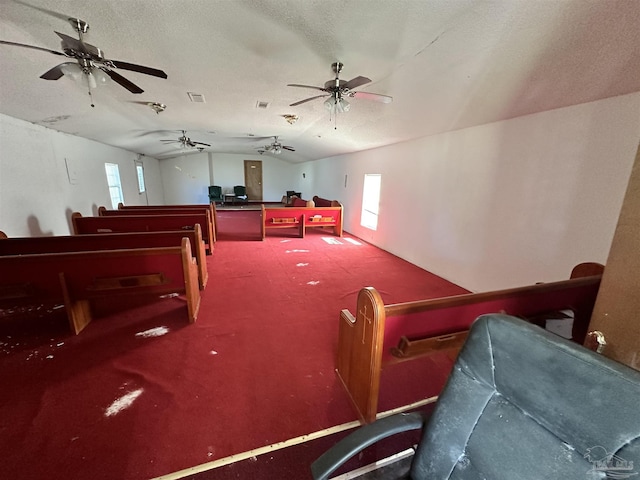 misc room with vaulted ceiling, a textured ceiling, and carpet flooring