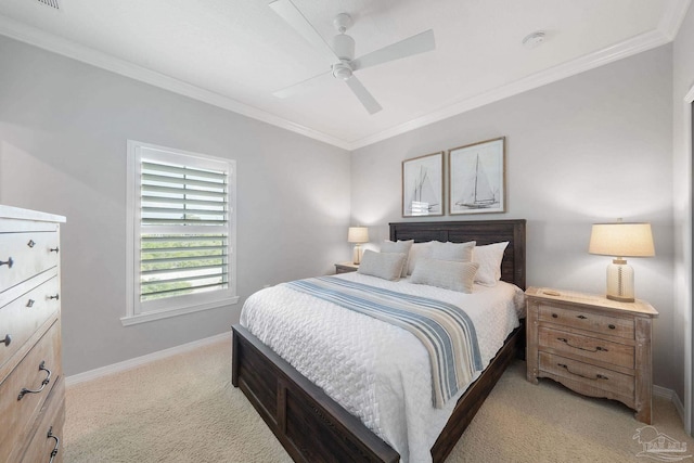bedroom with crown molding, ceiling fan, light colored carpet, and baseboards