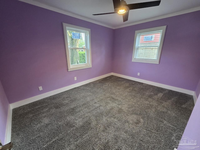1836 Nestle Dr, Pensacola, FL 32534 - spare room with baseboards, ceiling fan, dark carpet, and ornamental molding