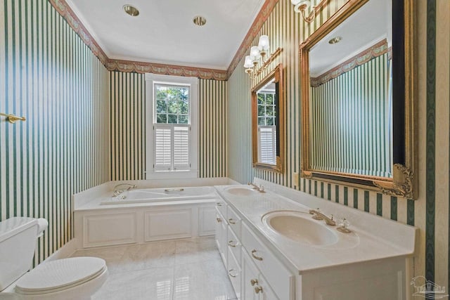 bathroom featuring toilet, ornamental molding, wallpapered walls, and a sink
