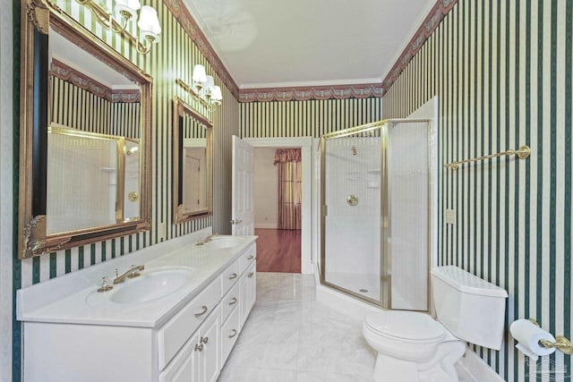 full bath featuring wallpapered walls, a stall shower, ornamental molding, and a sink