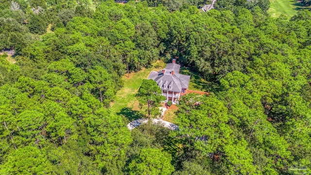drone / aerial view with a wooded view