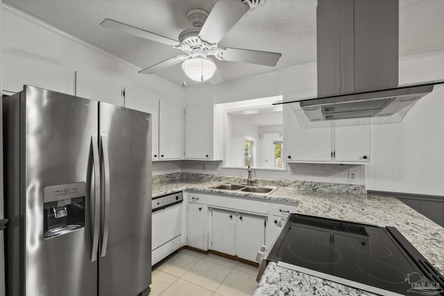 kitchen with stainless steel fridge, range with electric cooktop, dishwasher, a sink, and island range hood
