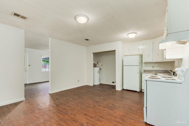 kitchen featuring white cabinets, dark hardwood / wood-style flooring, white appliances, and gas water heater