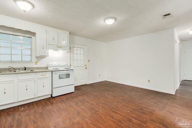 kitchen featuring a textured ceiling, white range with electric stovetop, sink, white cabinets, and dark hardwood / wood-style floors