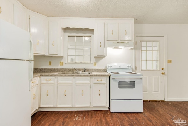 kitchen featuring white cabinetry, sink, dark hardwood / wood-style floors, and white appliances