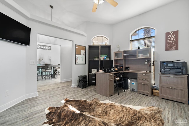 office with ceiling fan and light wood-type flooring