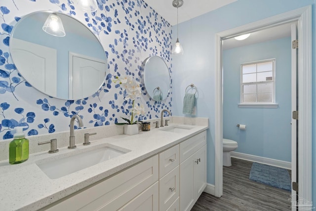 bathroom featuring hardwood / wood-style floors, vanity, and toilet