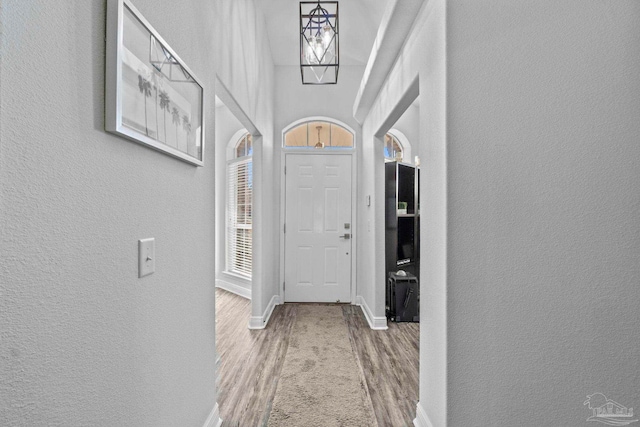 entryway with a towering ceiling and hardwood / wood-style flooring