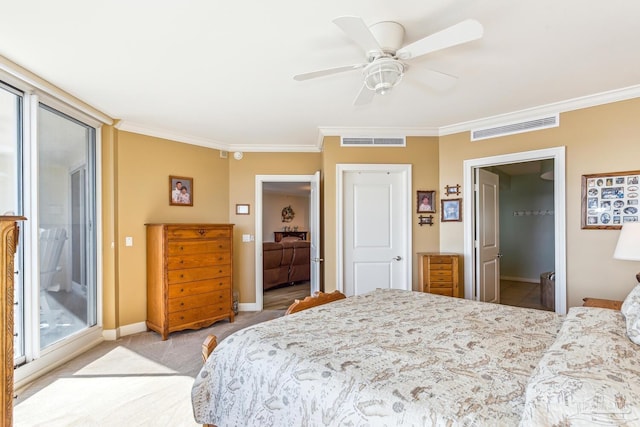 bedroom with ceiling fan, light colored carpet, and ornamental molding