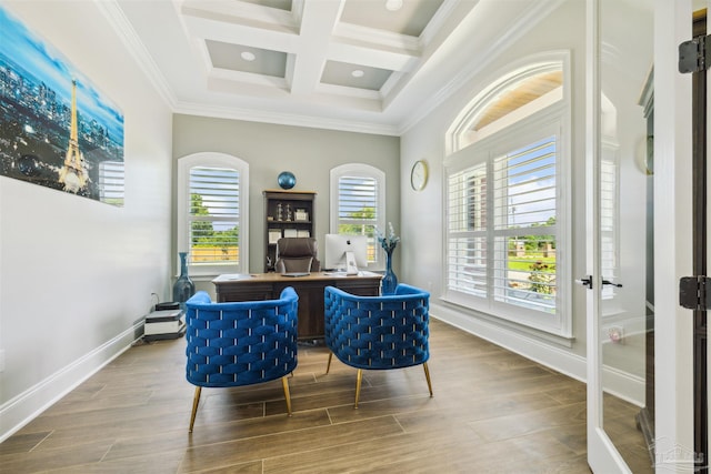 6126 E Fence Rd, Pensacola, FL 32526 - home office featuring coffered ceiling, crown molding, beam ceiling, wood finished floors, and recessed lighting