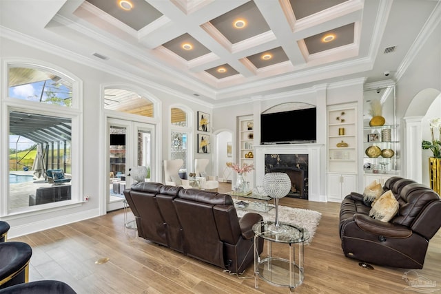 6126 E Fence Rd, Pensacola, FL 32526 - living room with a high ceiling, a high end fireplace, ornamental molding, coffered ceiling, and beam ceiling