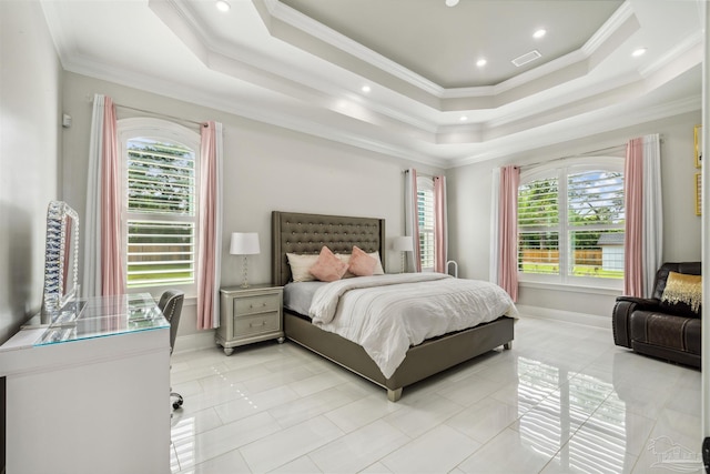 6126 E Fence Rd, Pensacola, FL 32526 - bedroom with multiple windows, a tray ceiling, light tile patterned flooring, and crown molding