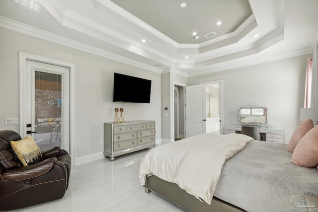 6126 E Fence Rd, Pensacola, FL 32526 - bedroom with access to outside, ornamental molding, a tray ceiling, recessed lighting, and light tile patterned floors