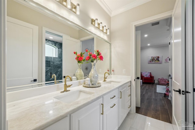 6126 E Fence Rd, Pensacola, FL 32526 - full bathroom with ornamental molding and double vanity