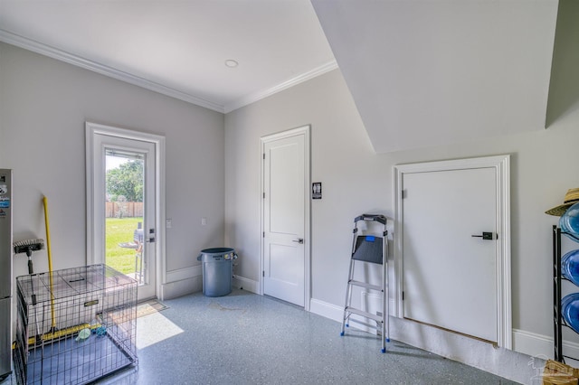 6126 E Fence Rd, Pensacola, FL 32526 - miscellaneous room featuring crown molding and speckle patterned floor