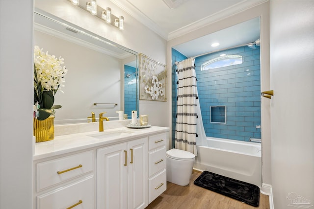 6126 E Fence Rd, Pensacola, FL 32526 - bathroom featuring vanity, ornamental molding, wood finished floors, and shower / tub combo