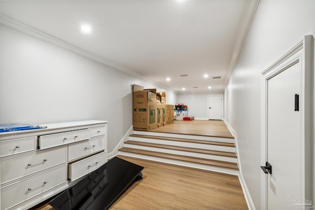 6126 E Fence Rd, Pensacola, FL 32526 - hallway with ornamental molding, light wood-type flooring, recessed lighting, and stairway