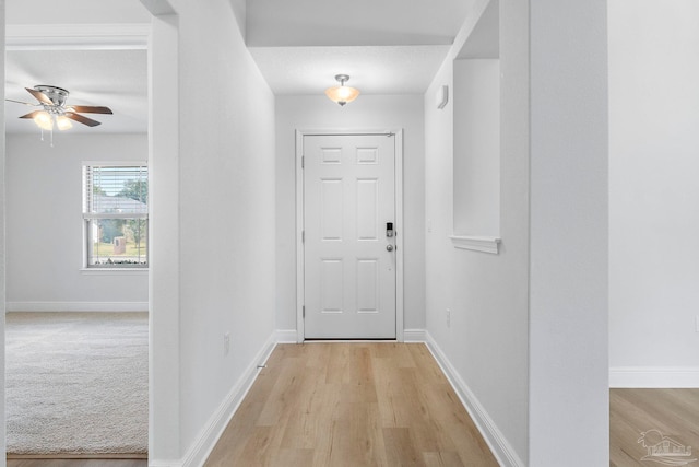 doorway to outside featuring ceiling fan and light carpet