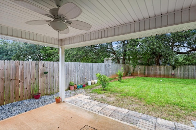 view of yard featuring a patio and ceiling fan