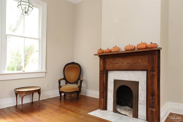 sitting room with a fireplace and light hardwood / wood-style flooring