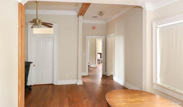 hallway featuring dark hardwood / wood-style flooring and ornamental molding