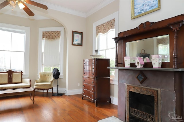 living area featuring hardwood / wood-style floors, ornamental molding, a premium fireplace, and ceiling fan