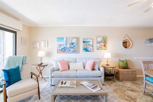 tiled living room featuring crown molding, a textured ceiling, and ceiling fan