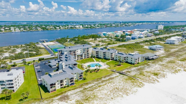 bird's eye view with a water view