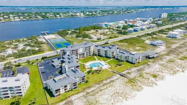 drone / aerial view with a water view