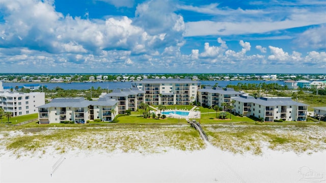 bird's eye view with a water view