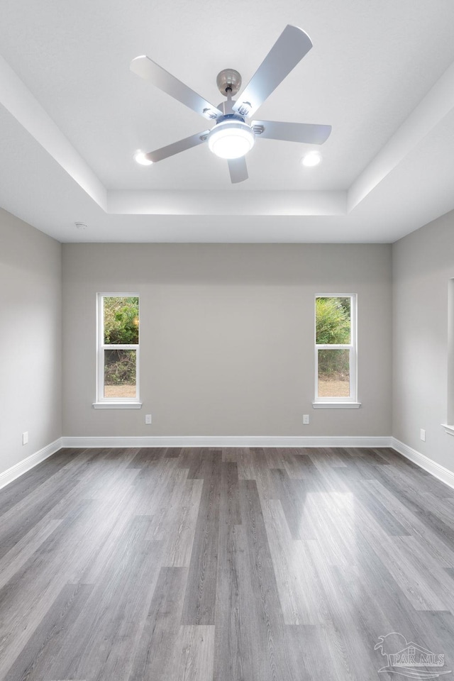 unfurnished room featuring a wealth of natural light, a tray ceiling, and baseboards