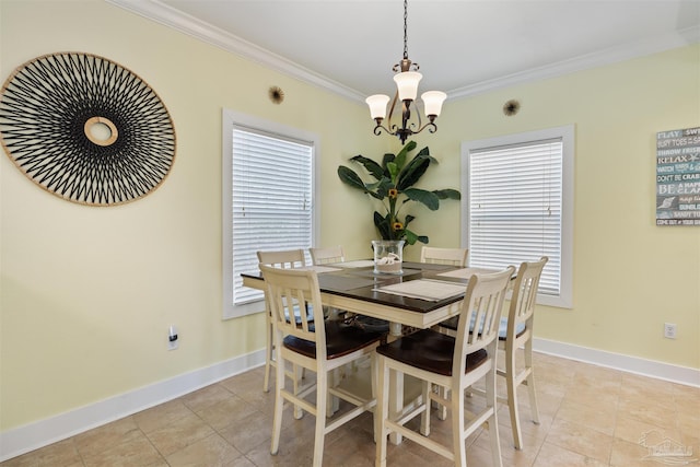 dining area featuring crown molding, light tile patterned flooring, and a chandelier